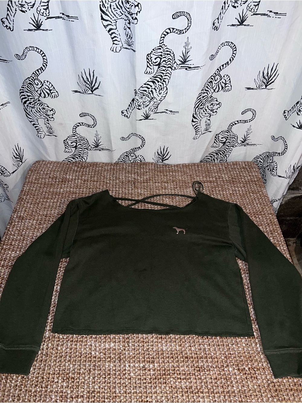 PINK Victoria's Secret Olive Green Long Sleeve Cropped Top with Crisscross Back